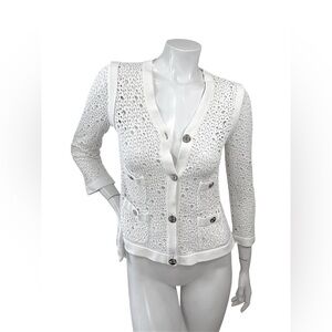 Chanel White Openwork Knit CC Button Cardigan Jacket